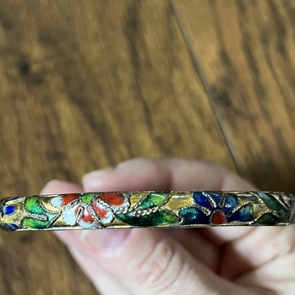 Vintage Cloisonné Blue Gold Floral Motif Enamel Hinged Bangle Bracelet - Picture 3 of 16